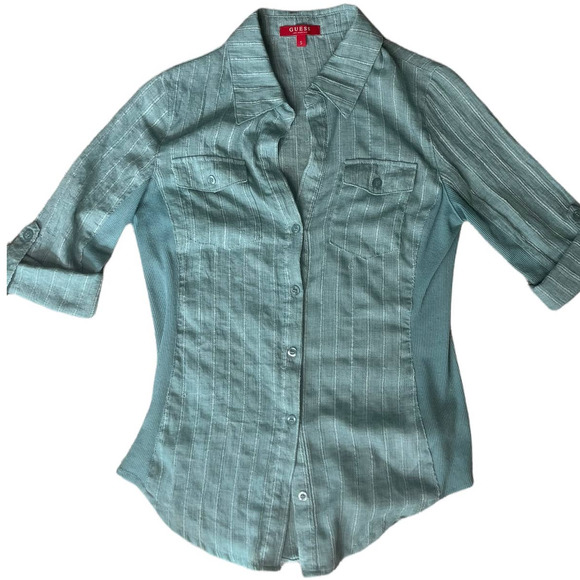 Guess Button Down 3/4 Sleeve Roll, Comfy Side Rib Stretch Fit, Size S - Picture 7 of 7